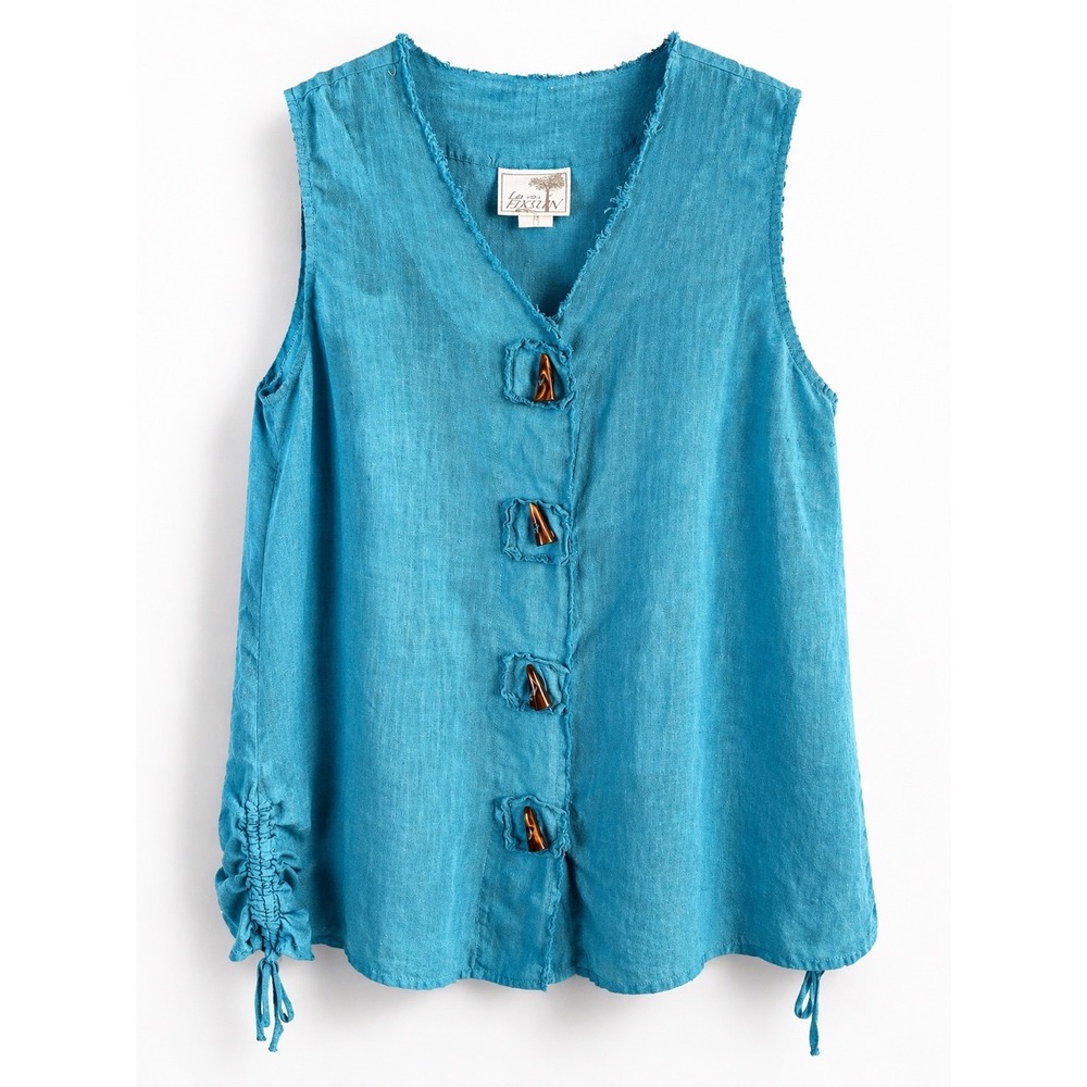 La Fixsun Women's Sz Small Blue Toggle Button Ruched Side Sleeveless Linen Artsy